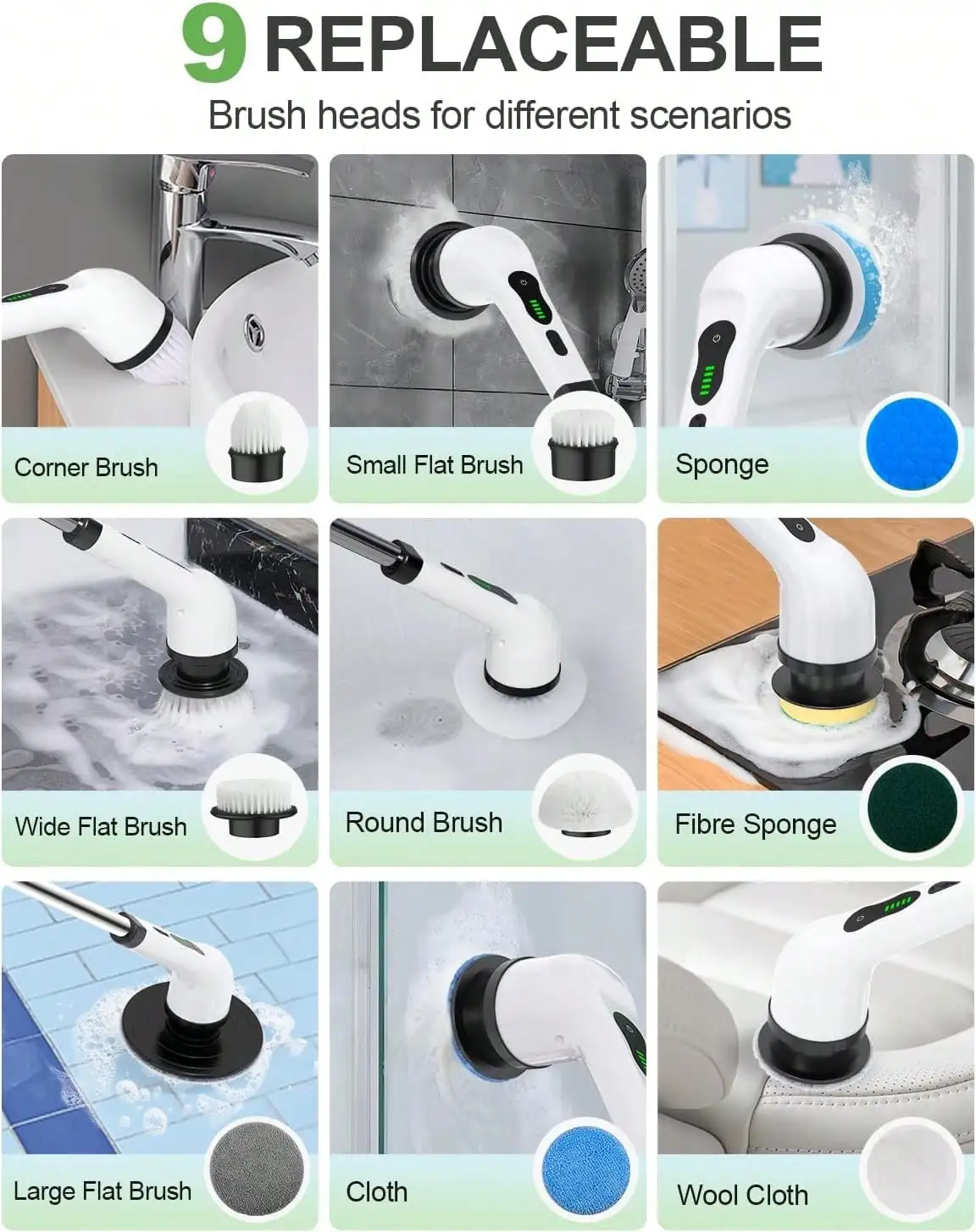 Electric Spin Scrubber,2500mha Rechargable Cordless Cleaning Brush,IPX7 Bathroom Scrubber Shower Scrubber With 9 Replaceable Brush Head,2 Crevice Cleaning Brus,Power Cleaning Brush With Extension Handle, 2 Adjustable Speed For Bathtub Grout Tile Floor