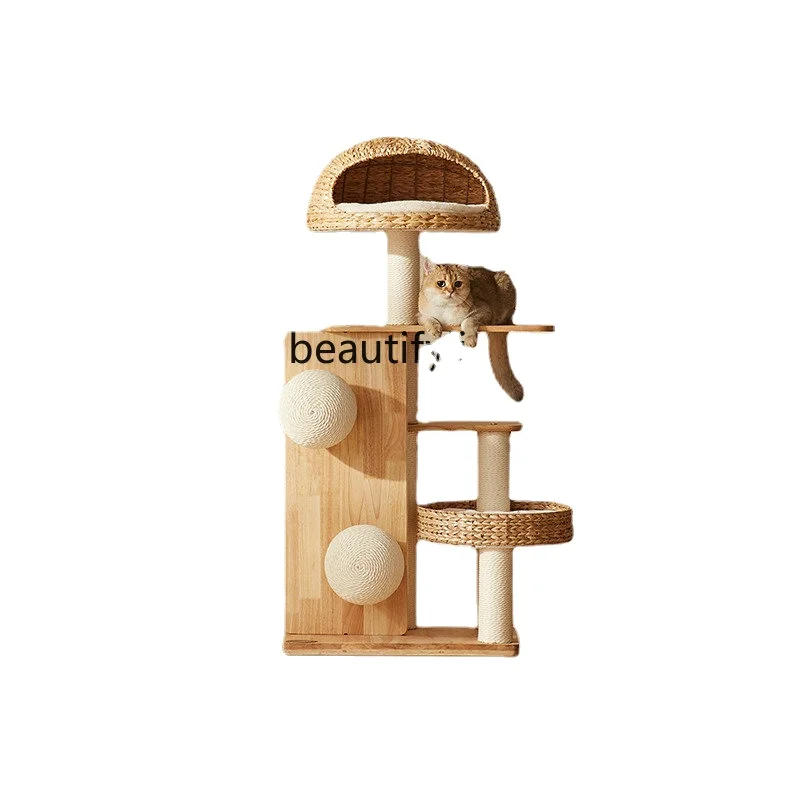 zq Solid Wood Cat Climbing Frame Linen Rattan Cat Climber Wooden Rattan Cat Nest Summer Straw Woven Cool Nest Ice Pad