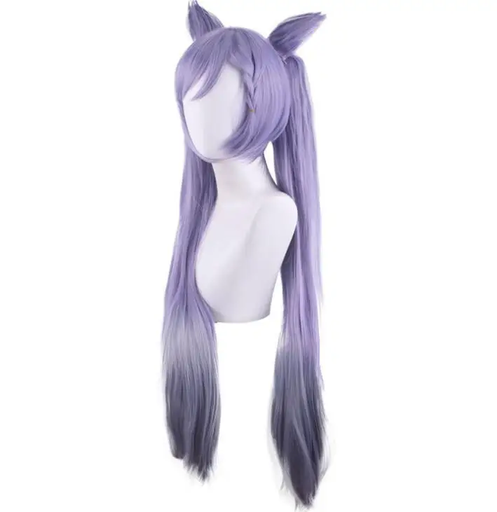 Peruca Cosplay Genshin Impact com Orelhas, Perucas Cosplay Keqing, Rabos de Cavalo Jogo, Cabelo Sintético Resistente ao Calor, Roxo Misto, 2 Tipos