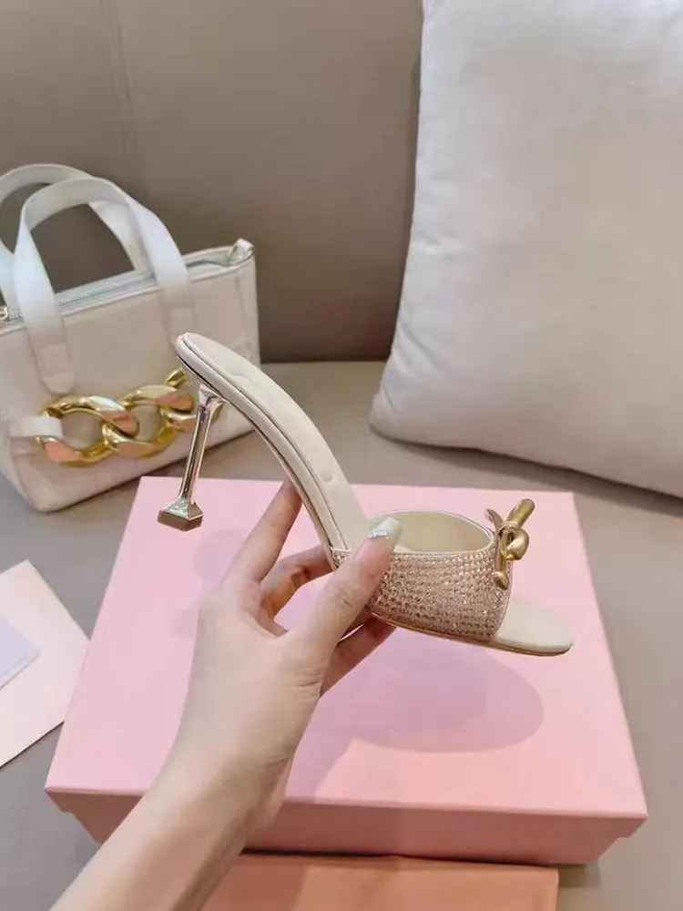 New Bow High-Heeled Slippers Wear Sweet Thin Heel One-Line Sandals  Rhinestone Sexy Mules Shoes