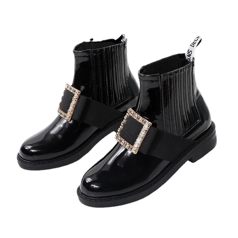 Luxury Brand Design Women\'s Boots with RV Rhinestone Square Buckle Star Same Type Martin Style Chelsea Boots Bota Feminina