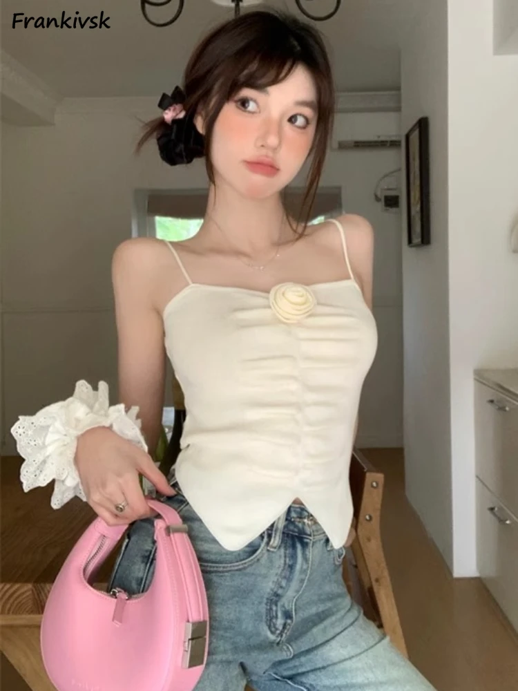 Tanks Women Daily Fashion All-match Chic Shinny Simple Floral Korean Style Lovely Hotsweet Cozy Aesthetic Streetwear Schoolgirls