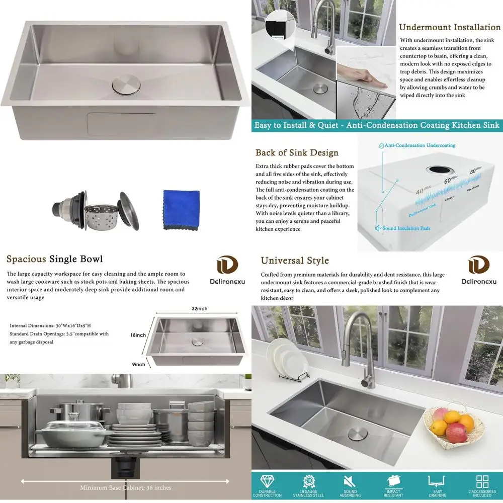 

Stainless Steel Undermount Kitchen Sink, 32 Inch Single Bowl, 18 Gauge, 32x18 for Modern Home Kitchens