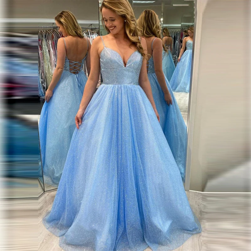 

V-Neck Spaghetti Straps Pocket Lace Up Blue Sparkle Tulle A-Line Prom Dresses Evening Gowns Vestido Formatura Longo