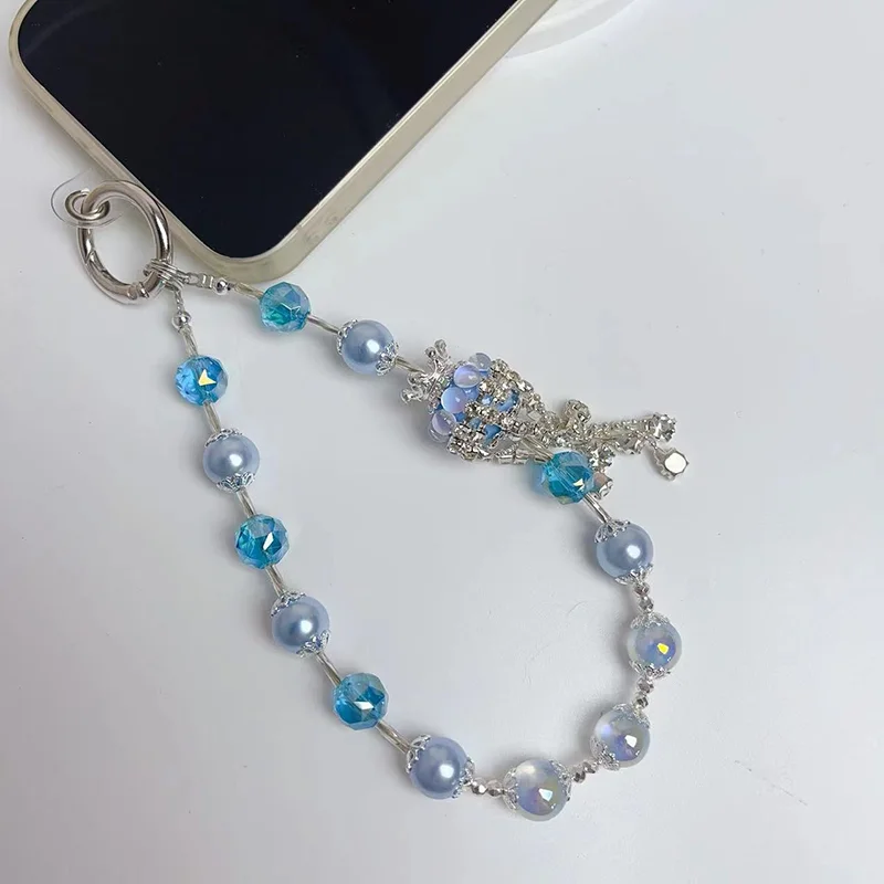 Crystal Blue Pearl Bead Phone Chain Mobile Phone Lanyard Short Wrist Strap Handmade Beaded Bracelet Pendant Lanyard Anti-Lost