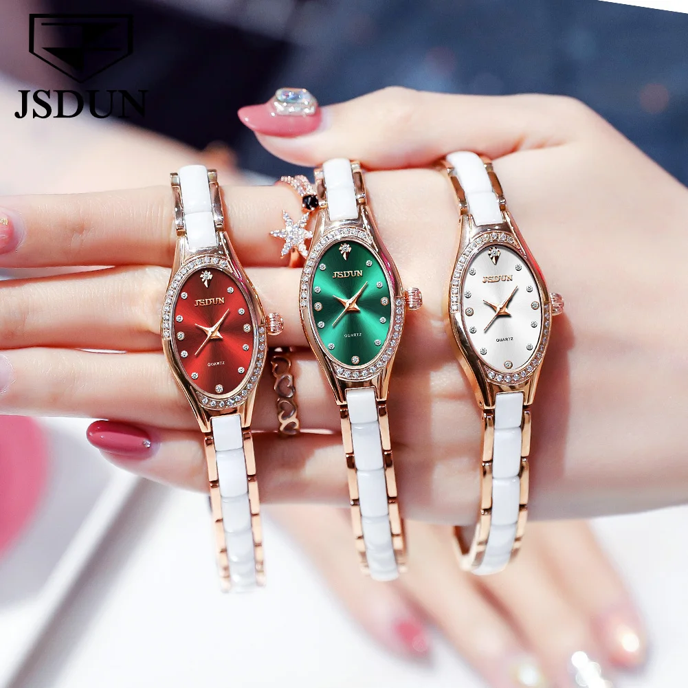 JSDUN 8842 Quartz Women Watch Luxury Diamond Scale Simple Waterproof Watch For Women Ceramic Steel Strap Ladies Dress Wristwatch