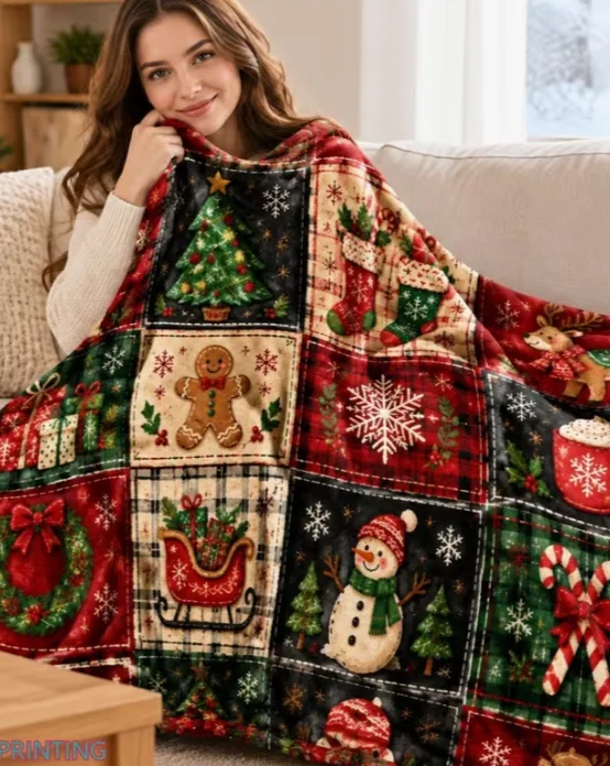 Merry Christmas Festive Quilted Patchwork Design with Tree, Gingerbread for Man, Reindeer, Presents, Wreath, Sleigh, Hot Cocoa
