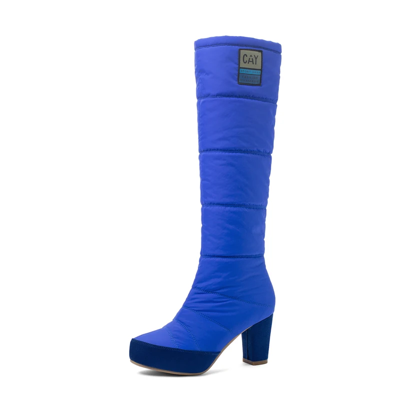 

Thick-Heeled Down Fabric Warm Snow Boots Waterproof Platform Blue Casual Knee-Length Boots Red Winter Ladies Shoes
