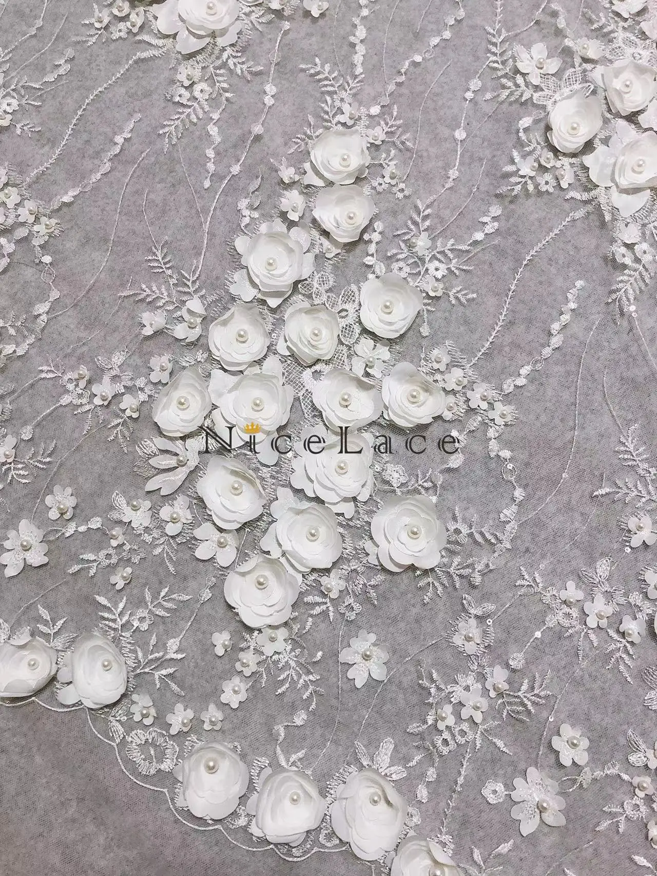 

free shipping 3d flowers bridal Lace Fabric with beads for Wedding Dresses bride Gowns, width 130cm