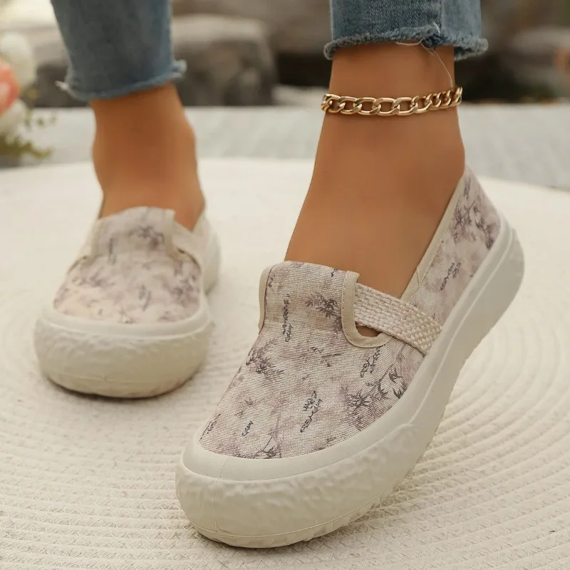 2024 Spring Autumn Solid Color Elegant Shallow Mouth Breathable Canvas Flat Shoes New Round Toe Comfortable Casual Women's Shoes