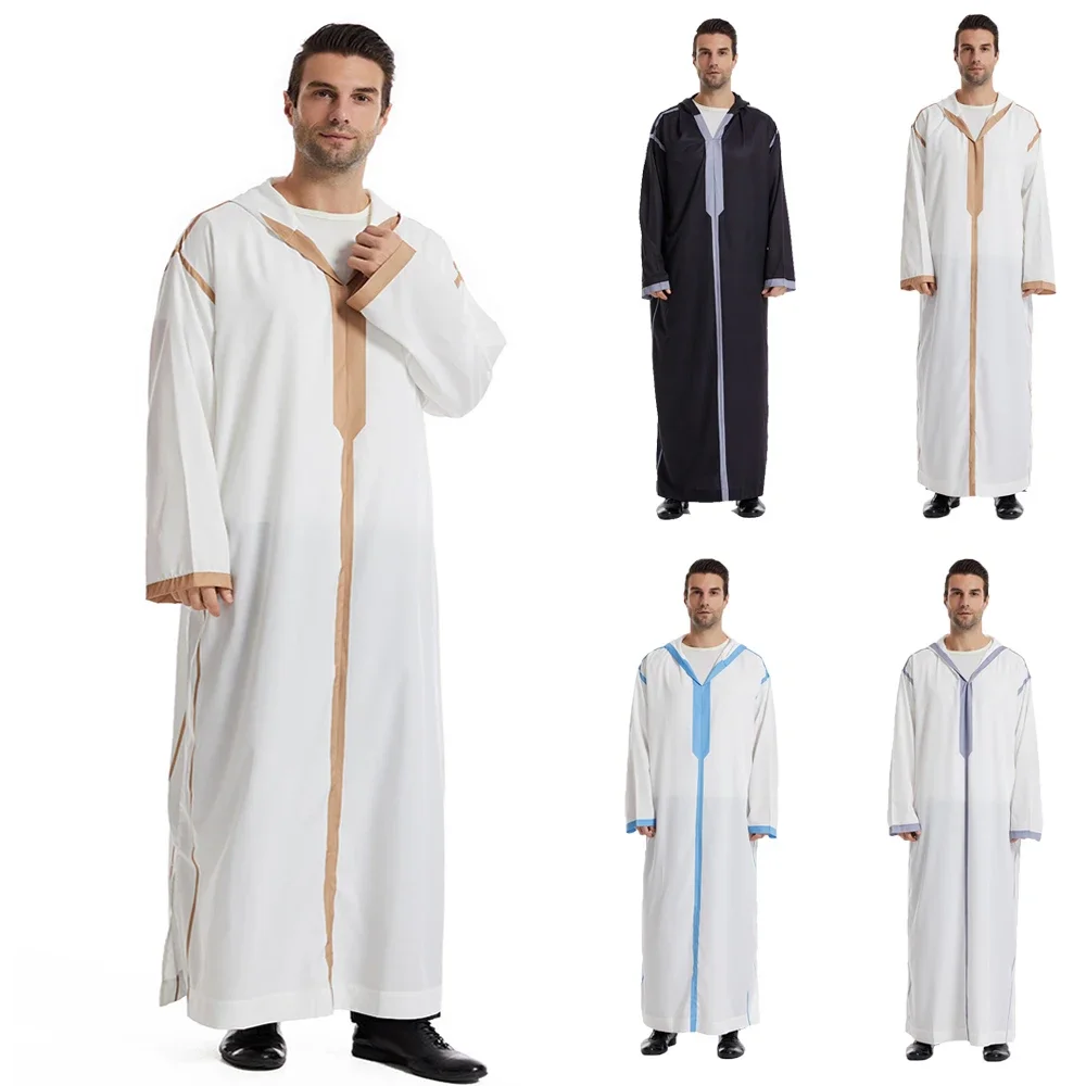 Dubai Turkey Men Robe Hooded Pockets Long Sleeve Jubba Thobe Muslim Islamic Clothing Arabic Abayas Kaftan Abaya Dress Thoub Gown