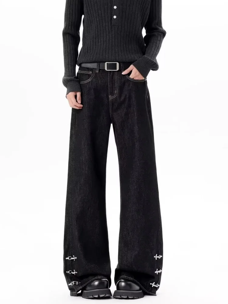 2026 Cyber Y2K Streetwear Ankle Button Black Baggy Jeans Pants For Men Clothing Straight Cotton Long Trousers Pantalon Hombre