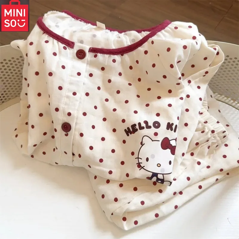 

Hello Kitty Cinnamoroll Anime Kawaii MINISO Long Sleeve Shirt Pants Pajamas Female Cute Cartoon Home Clothing Gifts for Girls