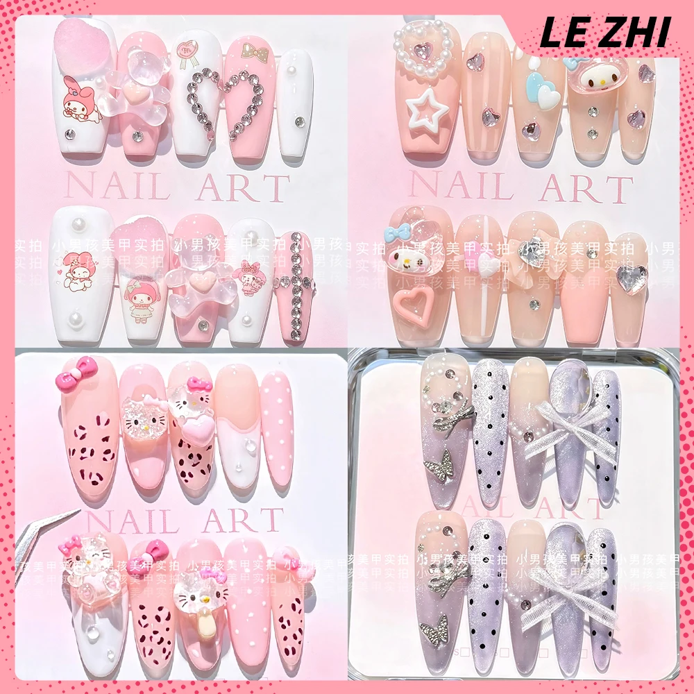 

Hot Girl Hello Kitty My Melody Handmade Long Coffin Stiletto Press On Nails Luxury Shining Diamond Bow Pearl Wearable Fake Nail