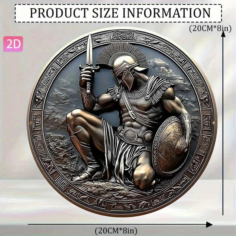 2D Flat High Definition Metal Wall Art Ancient Greek Spartan Warrior Heroic Statue Kneeling Ready for Battle Round Metal Sign Fe