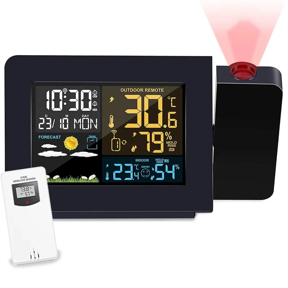 

Projection Alarm Clock for Bedrooms with Indoor Outdoor Temperature Display, Dual Alarms Multi-Colored Backlight Projection Cloc