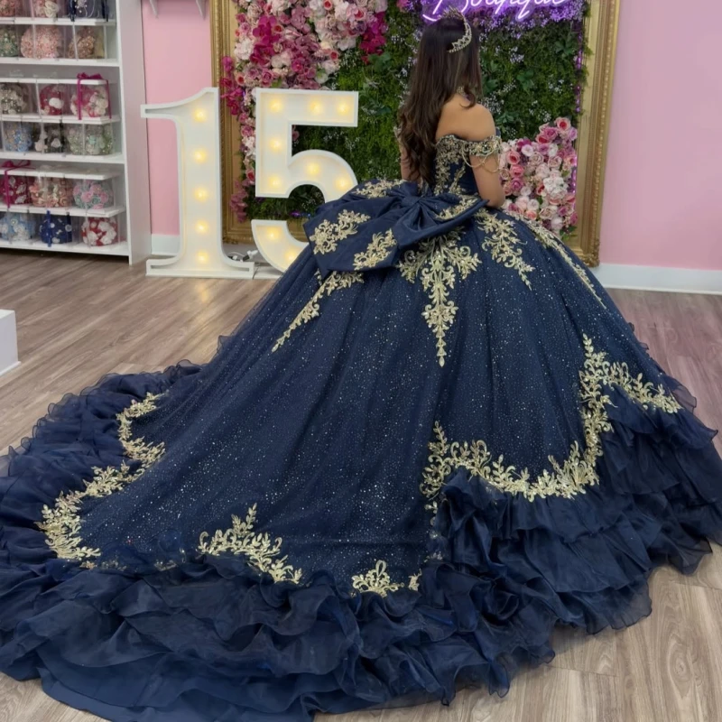 

Navy Blue Shiny Ball Gown Quinceanera Dresses Gold Applique Lace Beading Crystal Tiered Tull Bow Corset Off The Shoulder Sweet