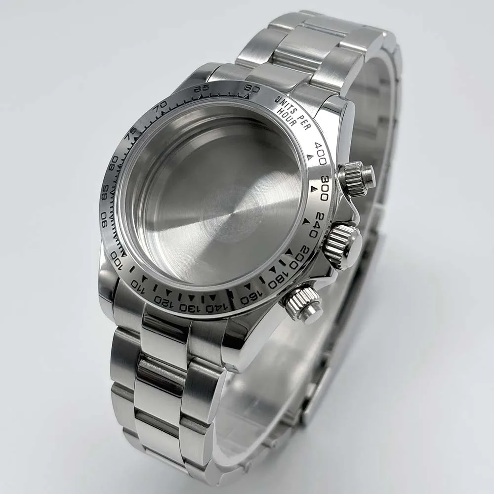 39mm silver case with a sealed back and a 20mm stainless steel strap, suitable for VK63 quartz movement watch accessories