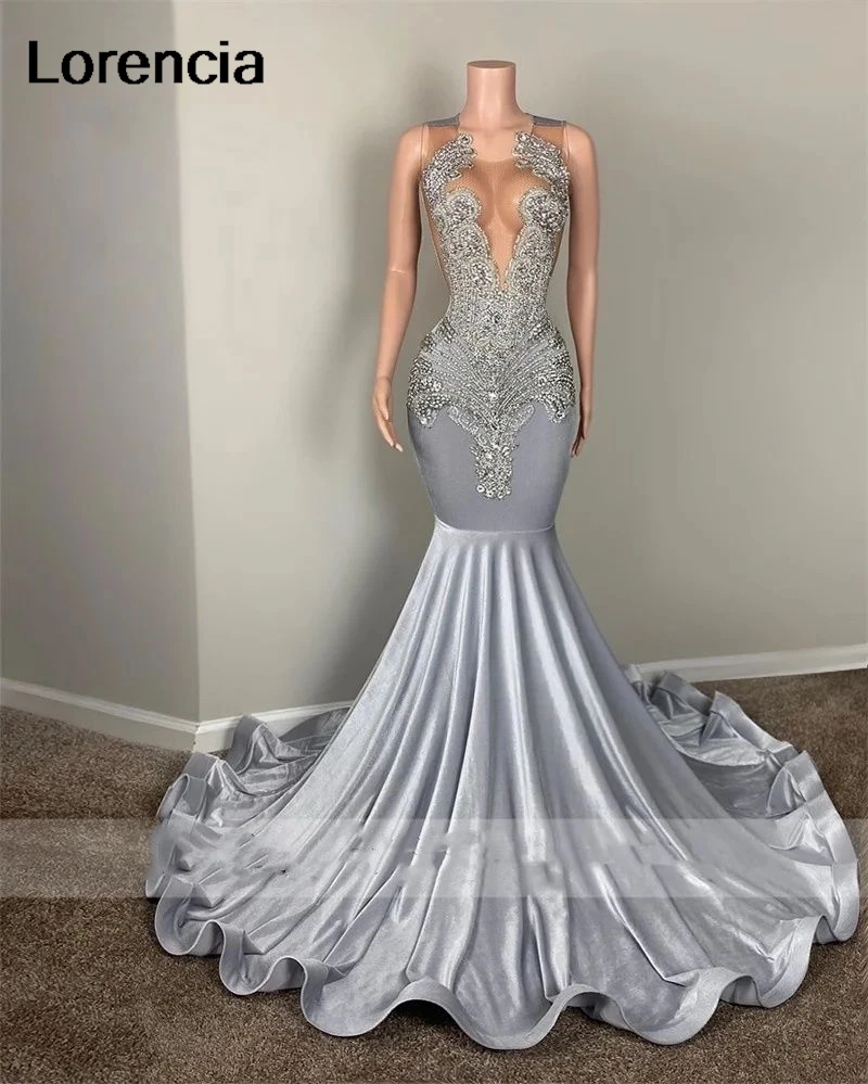 Lorencia Glitter Mermaid Silver Prom Dress For Black Girls Beaded Crystal Birthday Formal Party Gown Vestidos De Festa YPD61