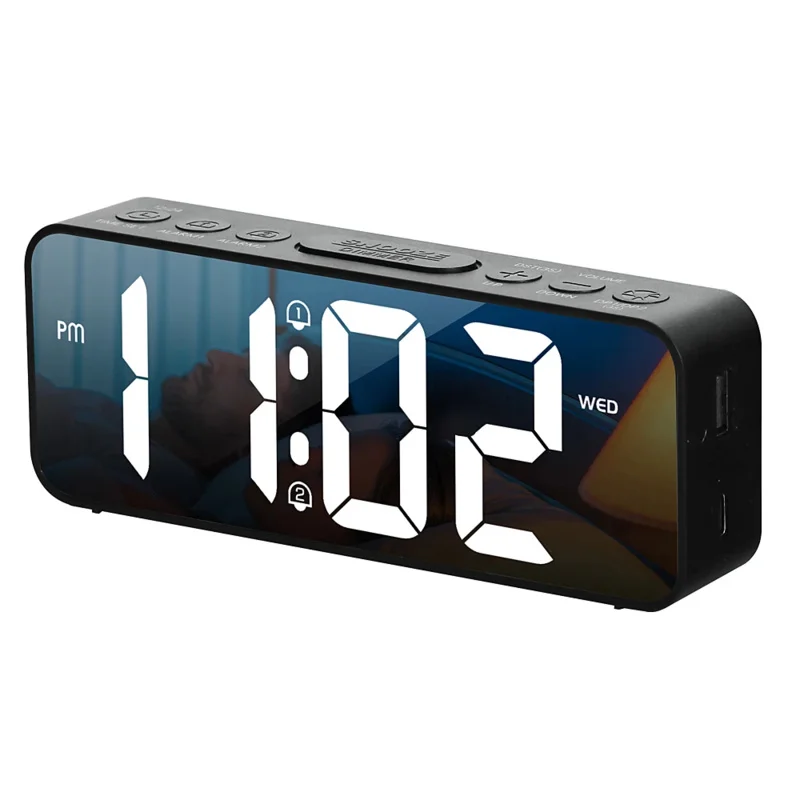 Reloj Despertador Digital con Temperatura, Función Snooze, 2 Alarmas, Modo Nocturno, Reloj de Mesa, Formato 12/24H, Puerto de Carga USB, Reloj Espejo LED