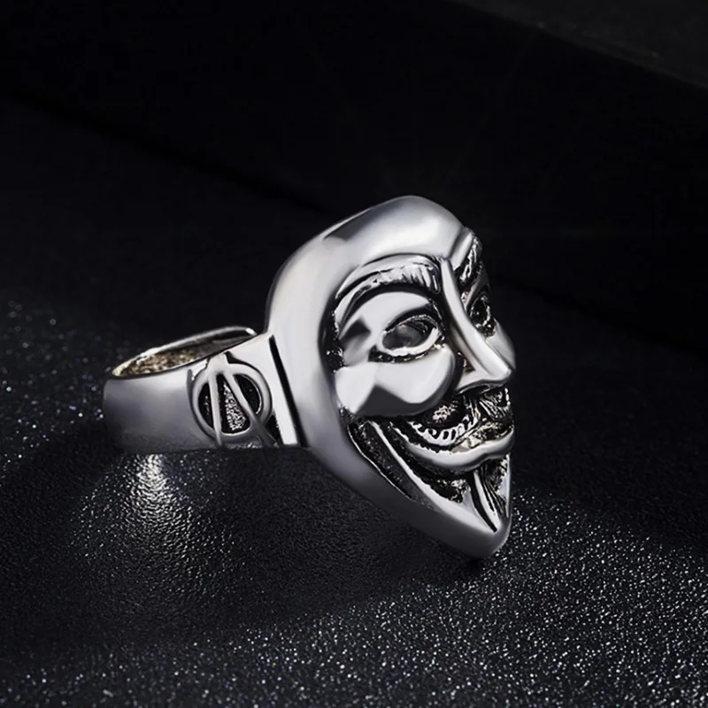 Retro V For Vendetta Anonymous Mask Ring For Men Punk Gothic Open Ring Handmade Designer Jewelry Unisex Accessories Cosplay Gift