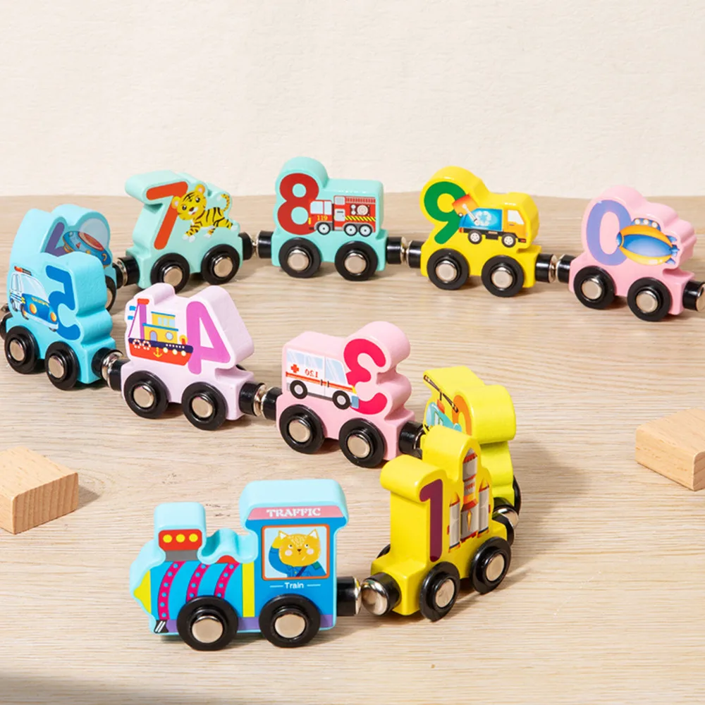 Montessori Magnetic Train Educational Toys Wooden Animal Dinosaur Number Puzzle Building Blocks Assembled Toys Birthday Gifts