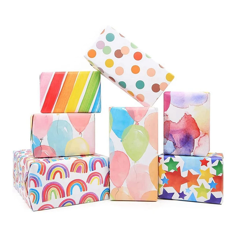 3X Rainbow Birthday Wrapping Paper,Kids Gift Recyclable Birthday Women Girls Boys,For All Gift Wrap Decoration Occasions