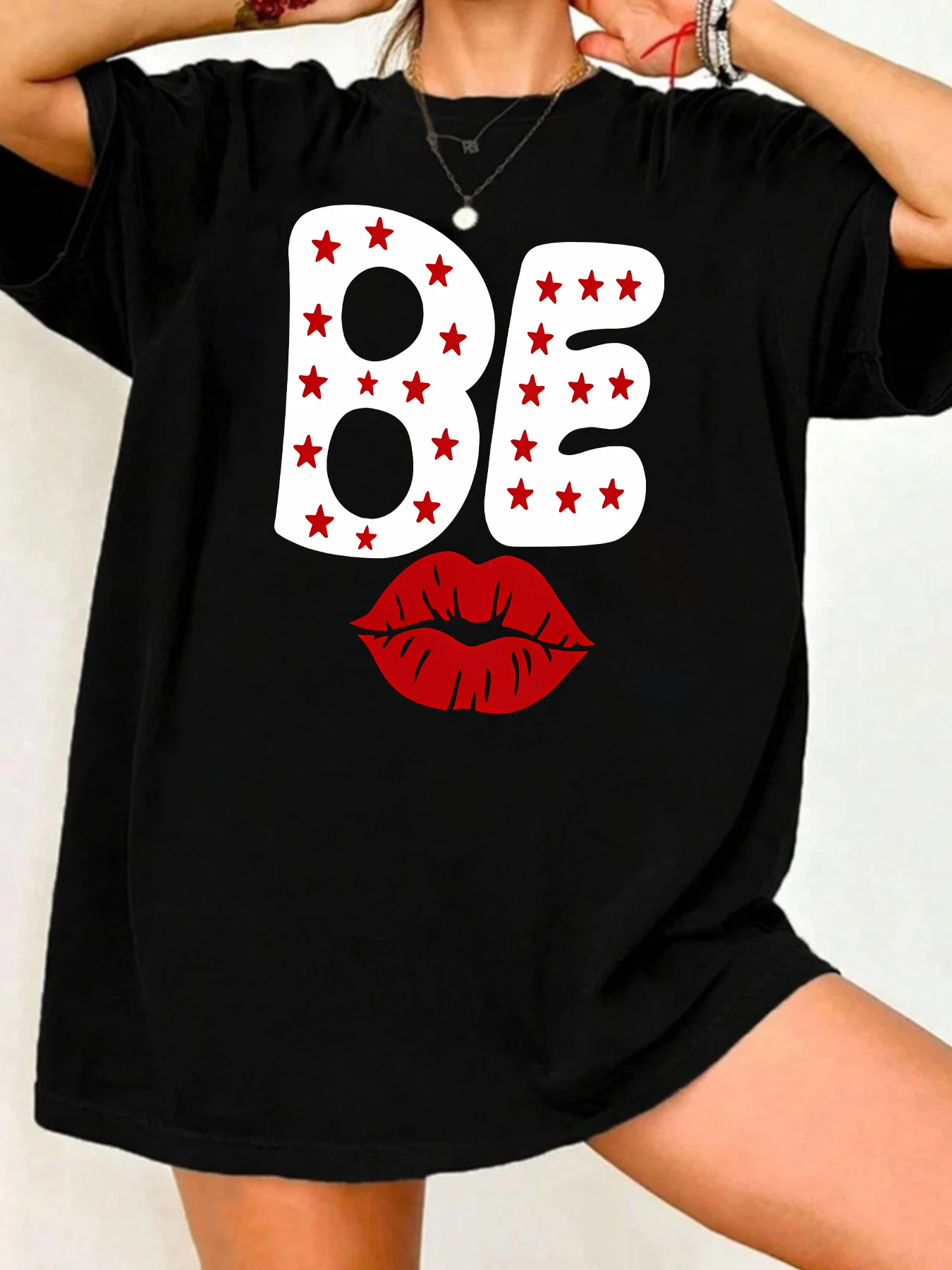 

Large size round neck women T-shirt short sleeve wild printed T-shirt elastic soft half sleeve T-shirt