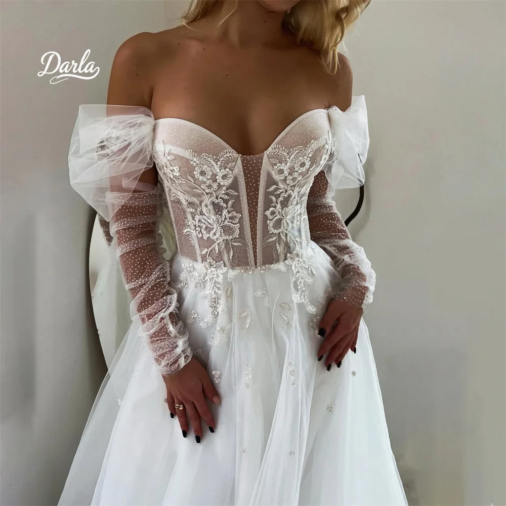 

Darla индивидуальный глубокий v-образный вырез с открытыми плечами свадебное платье трапециевидной формы с аппликацией и вышивкой, кружевной корсет с длинными рукавами длиной до пола