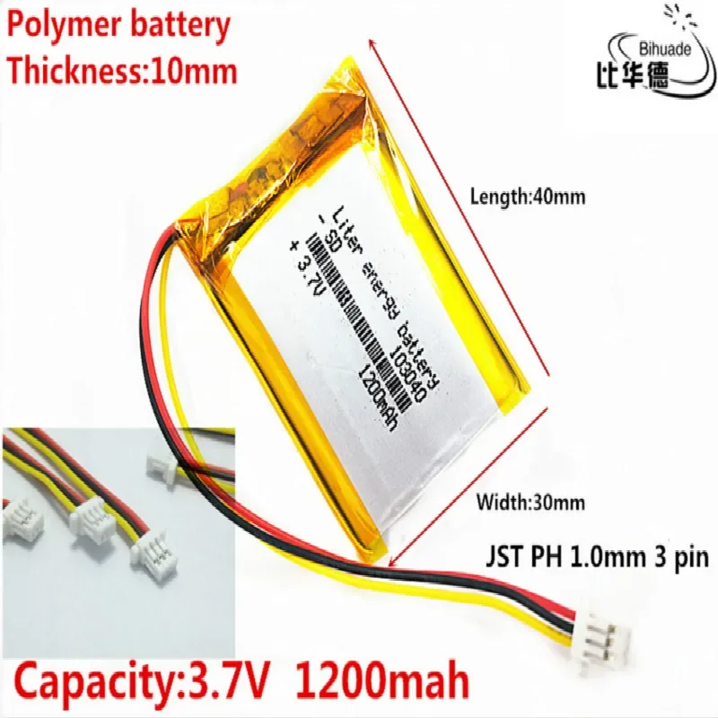 JST PH 1.0mm 3 pines Litro batería de energía 3.7V,1200mAH 103040   Batería de polímero de iones de litio/Li-ion para tableta pc BANK, GPS, mp3, mp4