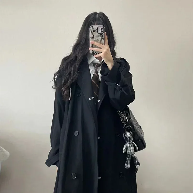 

Hebe Black Coat Jacket Women's Spring Autumn New Small Size Midi British Style Polyester Fiber Full Sleeve Pure Color Coat