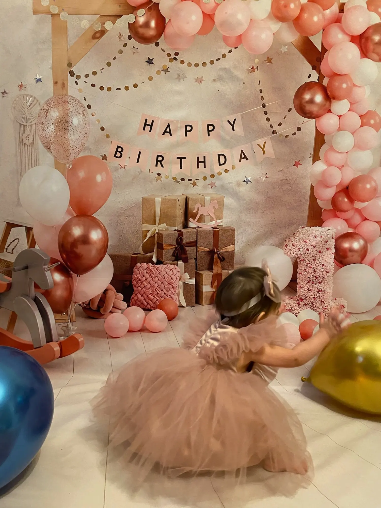 Arrière-Plan pour Photographie de 1er Anniversaire de Nouveau-Né, Ballon, Fleur, Plancher en Bois, Gâteau, ix, Portrait d'Enfant