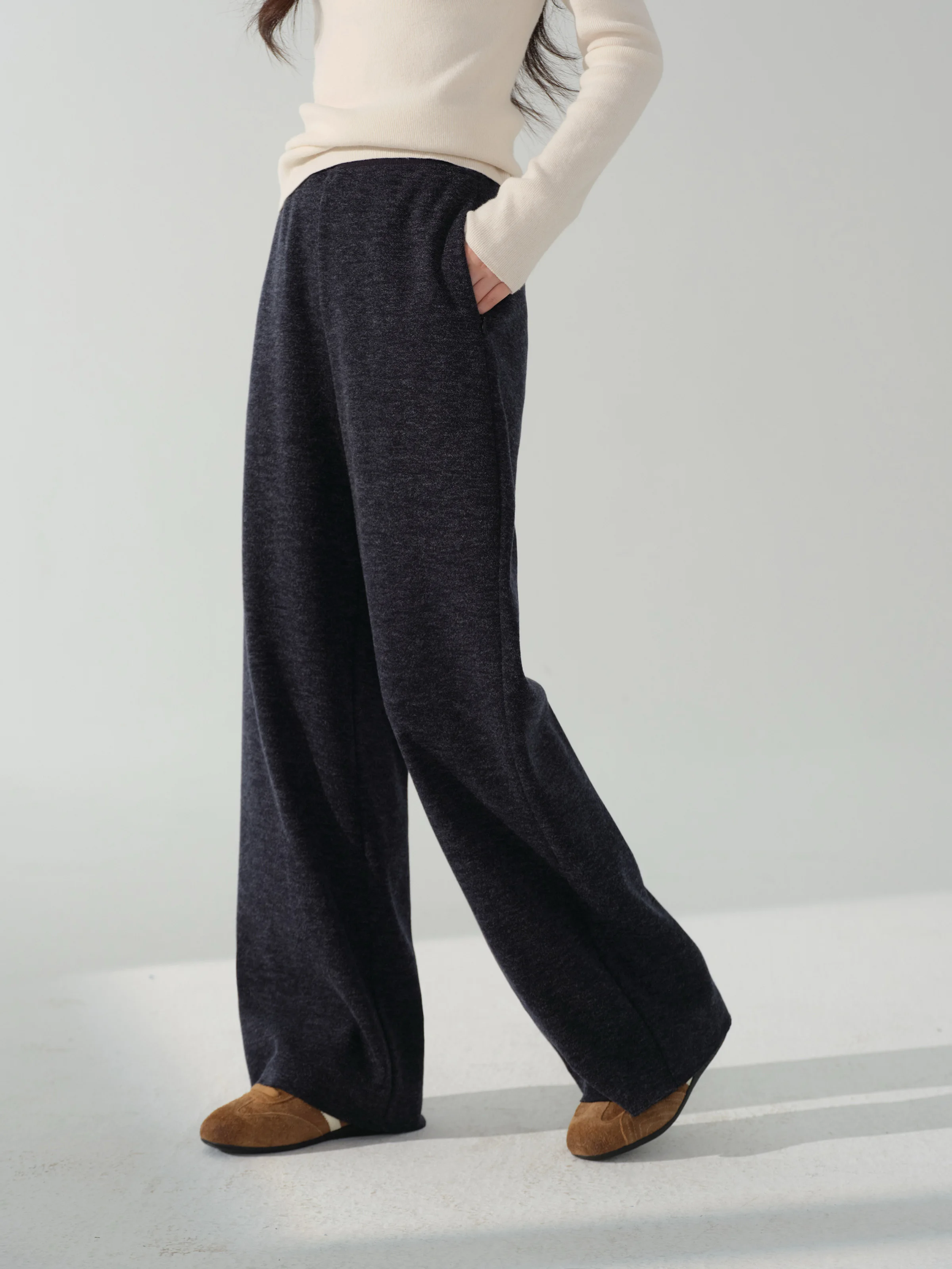Elastic Waist Straight Pants for Women Lady Loose Wide-Leg Long Trousers Petite Friendly Relaxed Fit Casual Daily Outfit Style