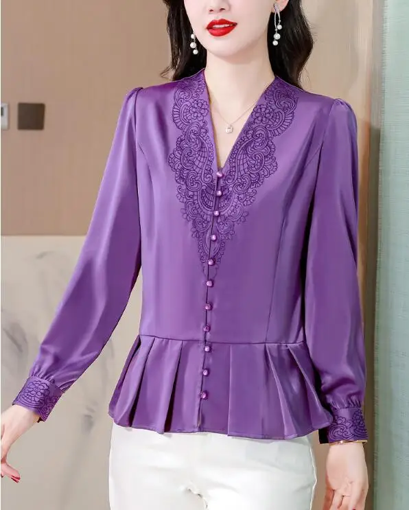 Womens Chinese style embroidered shirt long sleeved top V-neck shirt slim top