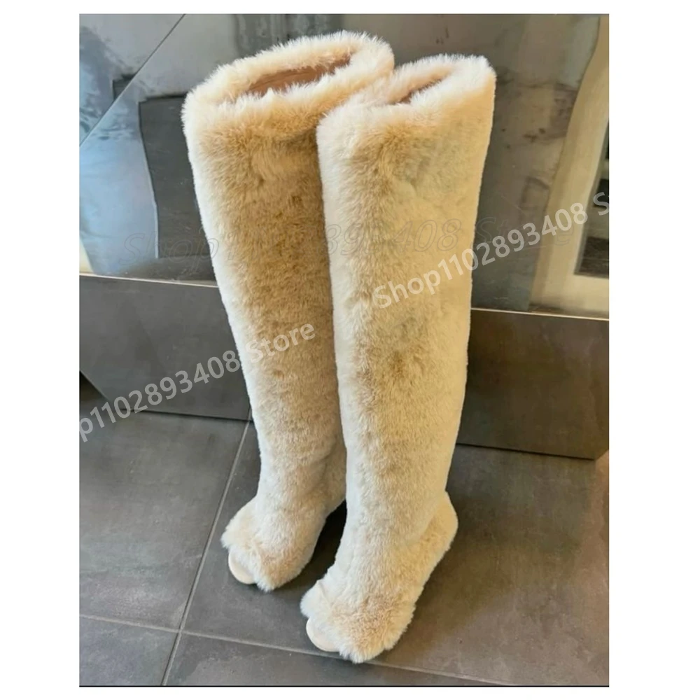 

Beige Warm Fur Decor Peep Toe Mid Calf Boots New Brand Stiletto High Heel Fashion Sexy Women Shoes 2025 Retro Winter Para Mujere