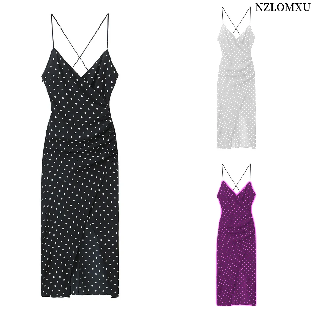 2024 Summer Polka Dot Slip Dress Woman Sexy Backless Long Dresses for Women Midi Dress Woman Pleated Party Dresses