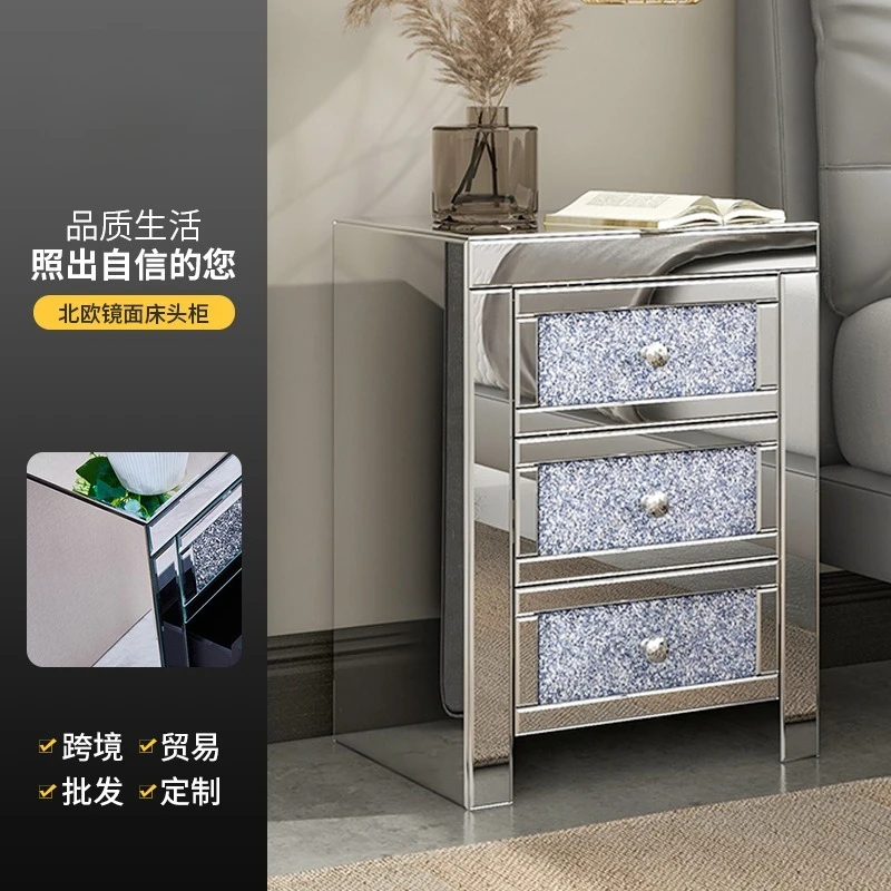 

Silver mirror bedside table bedroom with drawers mirror European and American bedside table glass mirror
