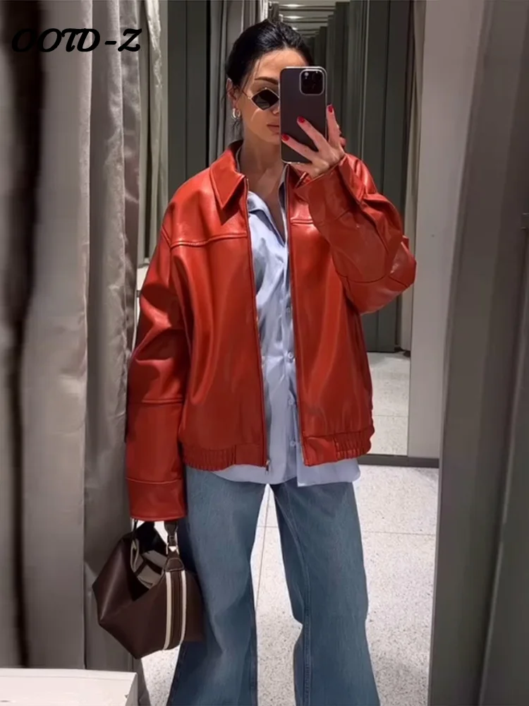 معطف جلد أنيق المرأة عادية فضفاض التلبيب سحابات جيب كم طويل سترة الإناث 2025 الربيع شارع العليا سيدة أبلى