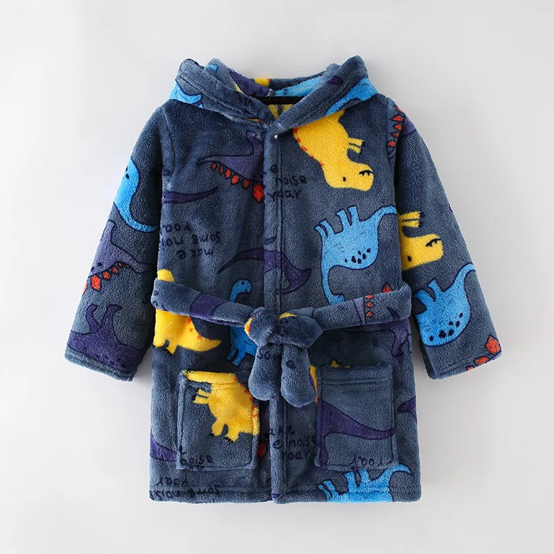 Spring and Winter Children\'s Homewear Boys and Girls Baby Bathrobes Pajamas Cartoon Flannel Hooded Children