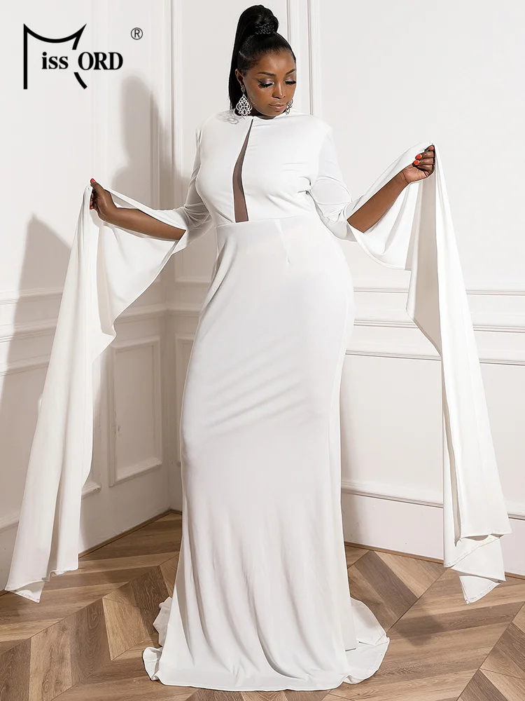 Missord Plus Size Super Long Slip Sleeve Prom Dress High Waist Floor Length Dress White Cutout Evening Dress