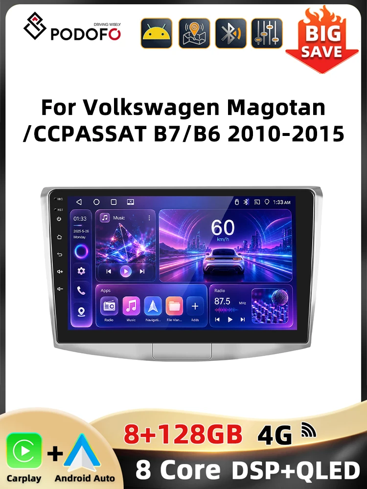 Podofo 10'' 2Din Radio Samochodowe do Volkswagen Magotan/CC 2010-2014 PASSAT B7/B6 2010-2015 Odtwarzacz Multimedialny Carplay Android Auto WIFI 4G GPS Stereo Samochodowe — 2