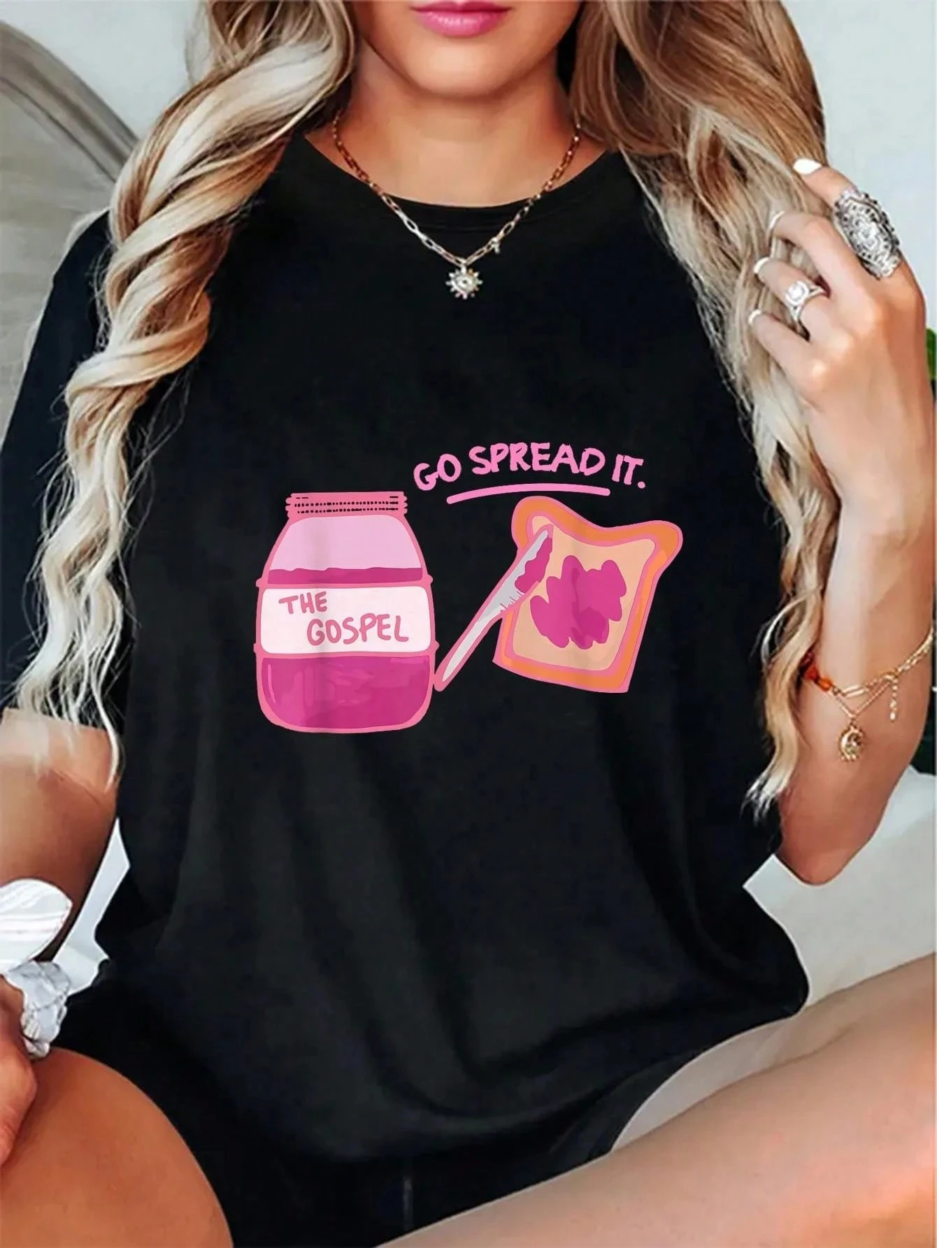 Women's Christian Evangelistic T-Shirt Fun Bread And Jam Print Religious Activity Suitable Casual Tee in Multiple Sizes Colors