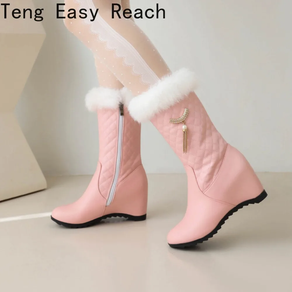 Winter Women's Snow Boots Fashion Warm Plush Mid-Calf Boots Ladies Round Toe Zipper Slope Heel Snow Boots Black White Size 33-43