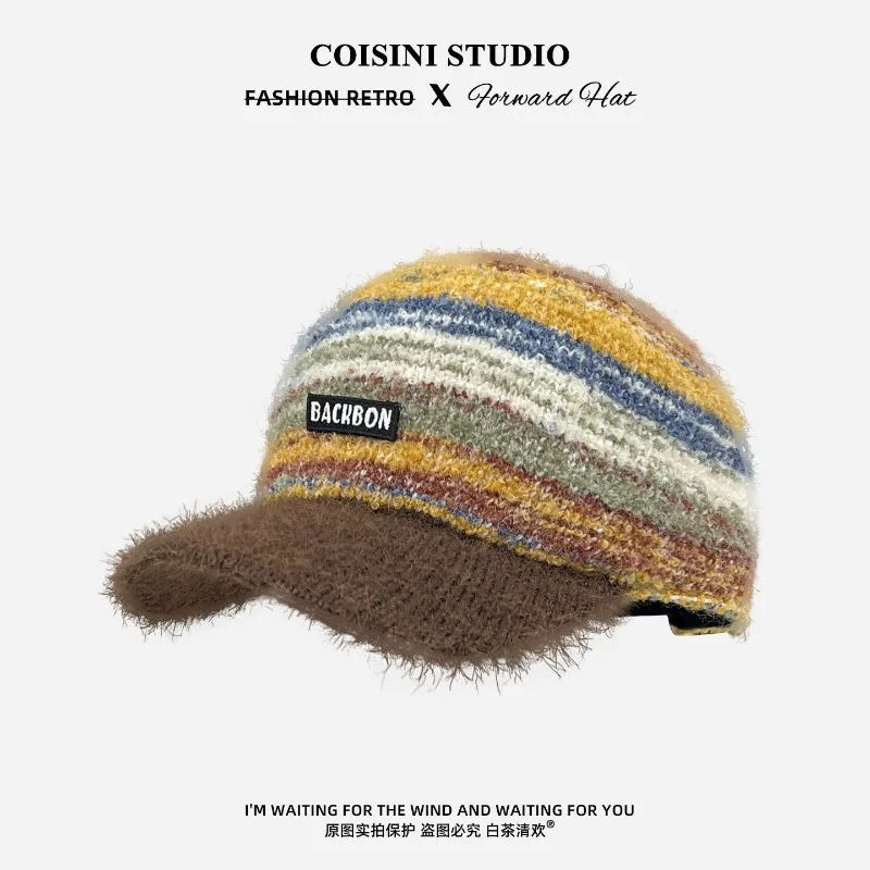 Japanische, farblich abgesetzte, gestreifte, gestrickte Plüsch-Baseballkappe für Herbst und Winter, warm, vielseitig, personalisierbar, für Damen und Herren – Detail 1