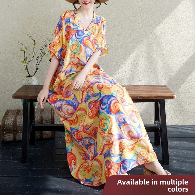 

Летняя длинная свободная хлопково-льняная пляжная юбка Vaion Sle V-Ne из тонкого мягкого материала, большой размер, повседневный халат для поездок на работу