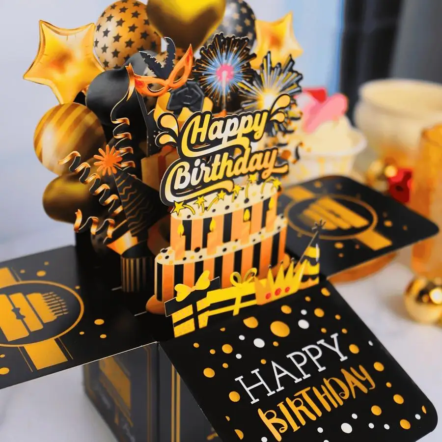 1/5/10/20/50/100pcs Luxury Happy Birthday Pop-Up Greeting Card, Birthday Balloon Birthday Party Invitation Card with Blank Note