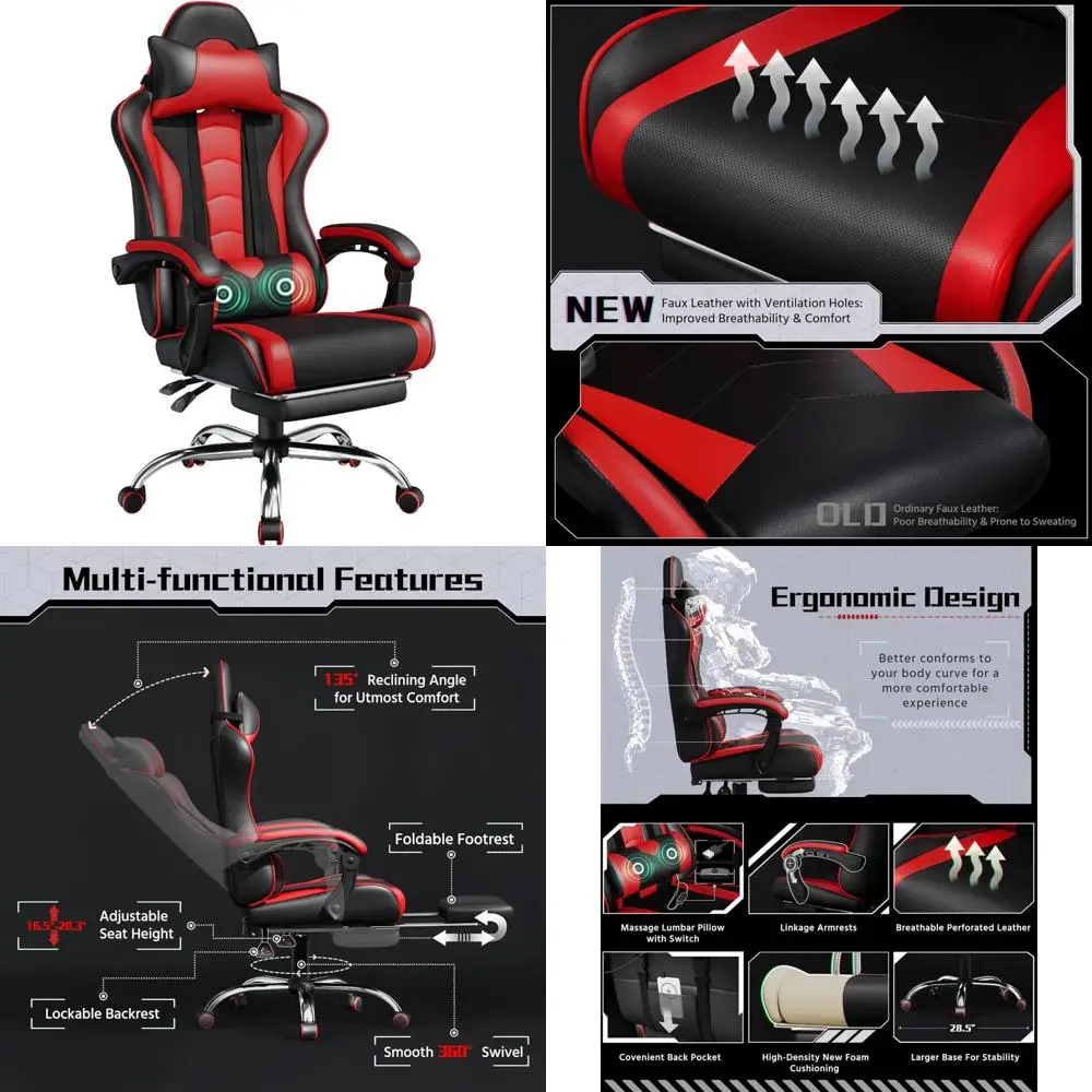 Yaheetech Gaming Chair, Video Game Chair with Massage Lumbar Support and Footrest Height Adjustable Ergonomic Computer Chair wit