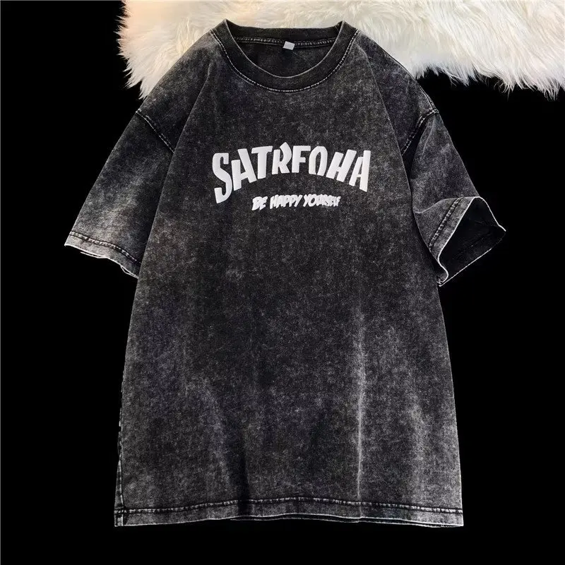 Oversized KoreanWomen T-shirt O-neck Short Sleeve Tops Harajuku Casual Male Tee Gothic Washed T Shirts Rose Printed Streetwear