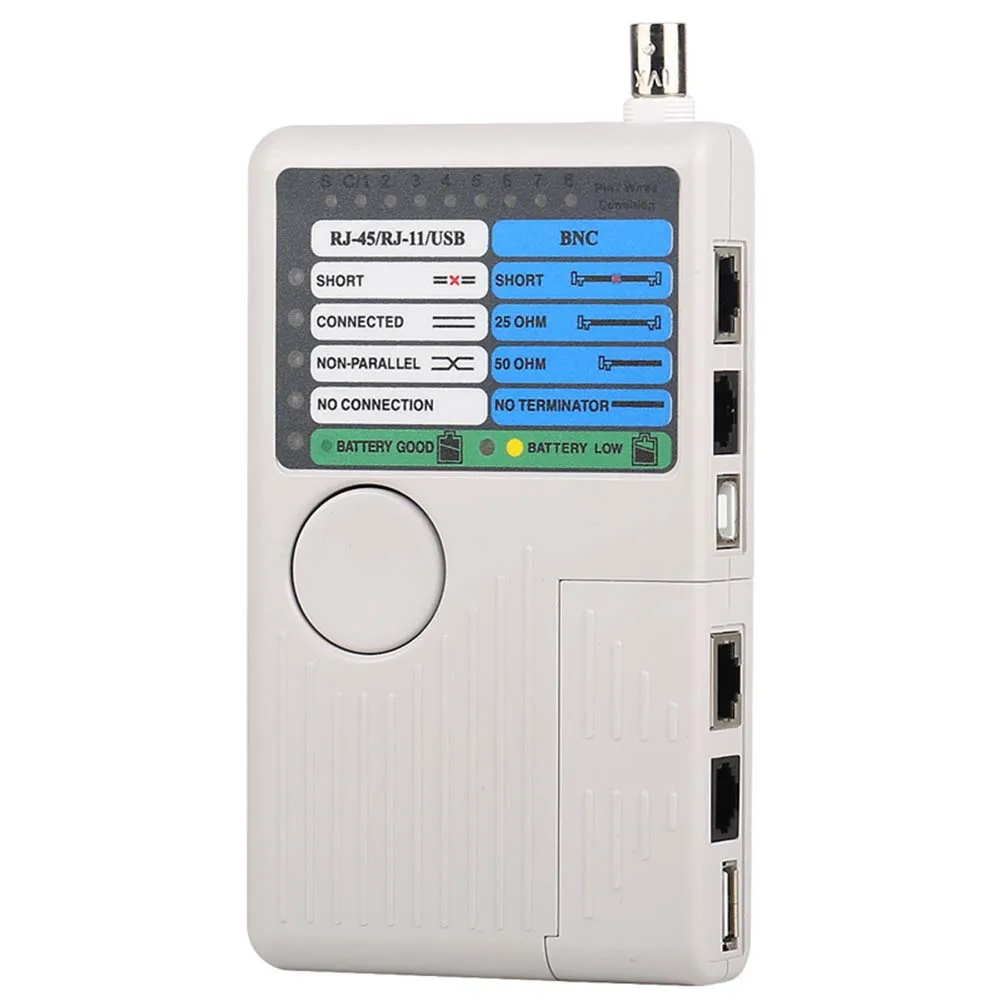 

Ergonomic Multi Function Cable Tester for RJ45 RJ11 USB and BNC Quick Test with LED Fault Indicators and Buzzer Alerts