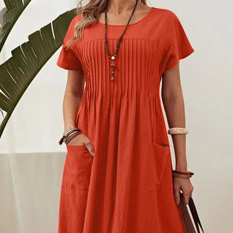 Elegantes Damen-Sommerkleid in großer Größe, langes Kleid, solide Übergröße, Vintage-Kurzarm, Strand-Sommerkleid, lässige Taschen, Maxikleider